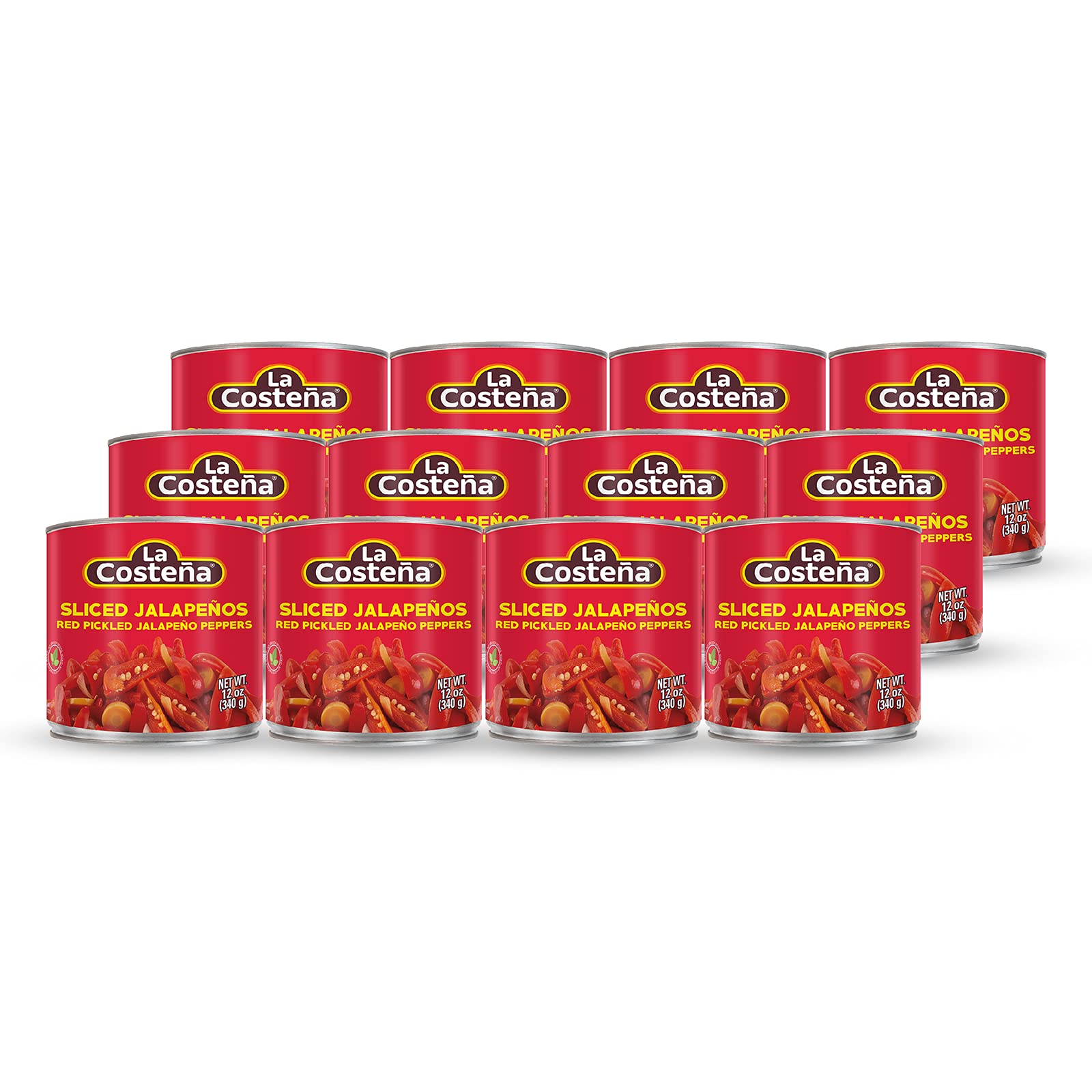 La Costeña Sliced Red Jalapeno Peppers for Mexican Food, Jalapeno Salsa, Enchiladas, Guacamole, Spicy Nacho & Taco Toppings - Pickled Vegetables - 12oz, 12 Pack Cans