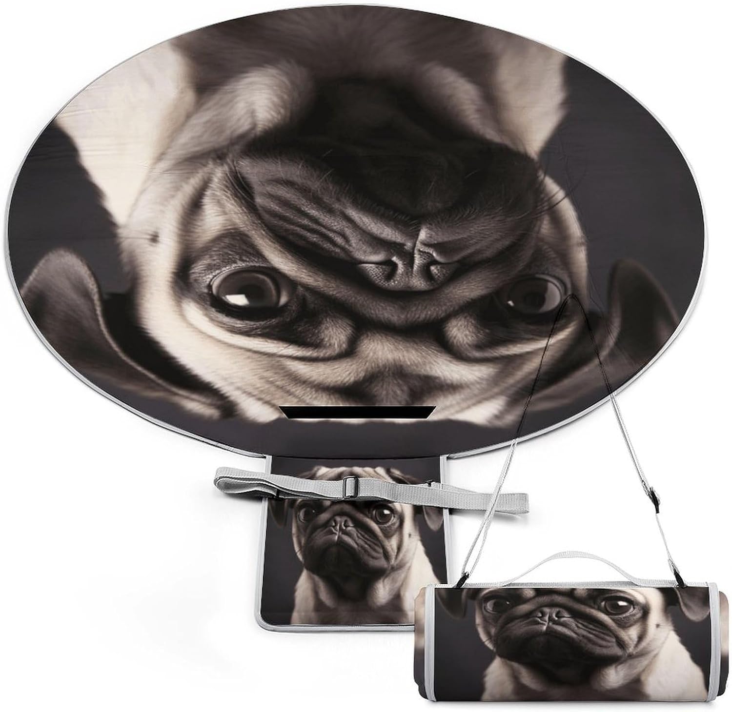 Pug Picnic Blanket Foldable Outdoor Round Blankets Lightweight Beach Mats Portable Waterproof Park Sand Free Mat for Camping Hiking Sports Activities