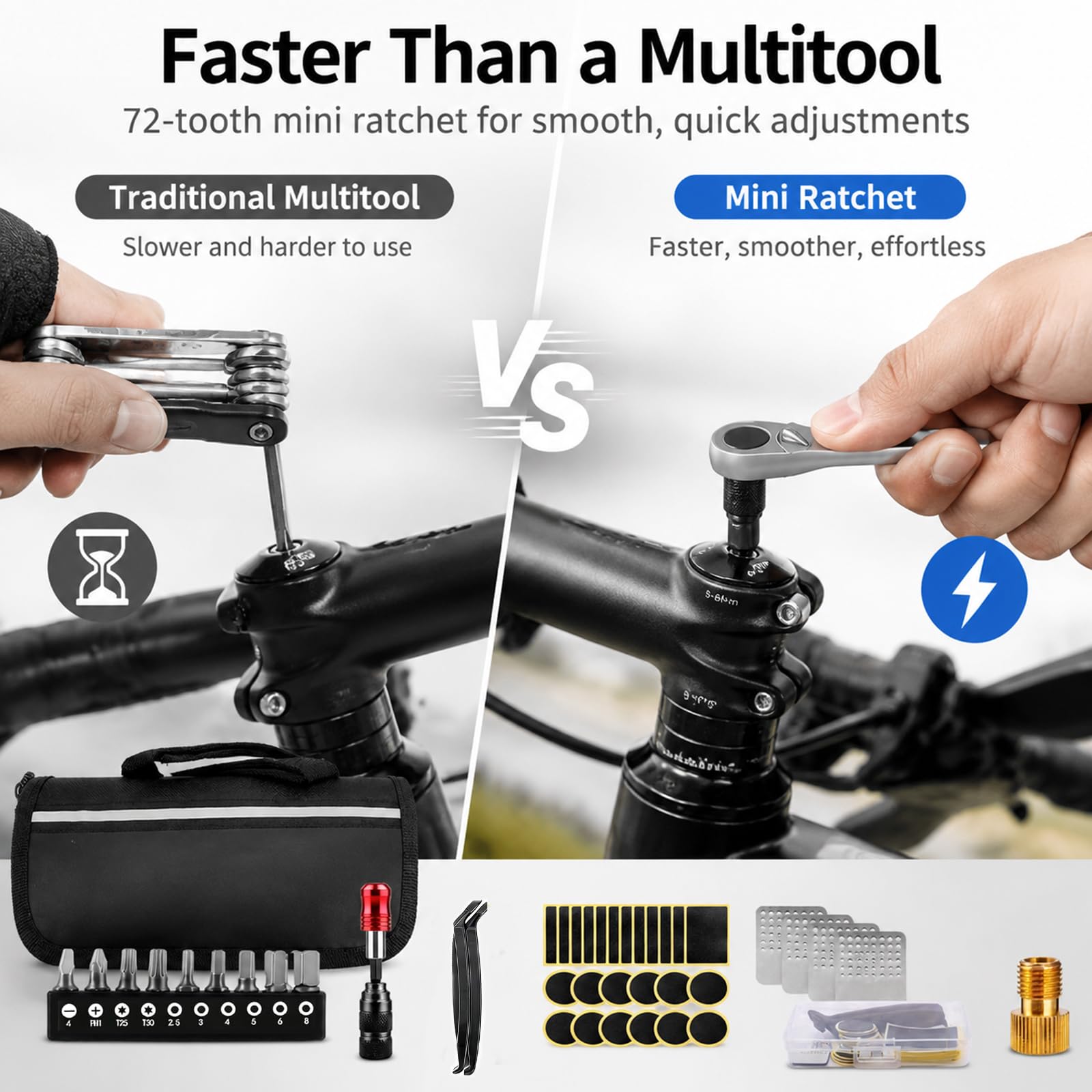 Flickzeug Fahrrad & Reparaturset, mit Mini Ratsche, Luftpumpe mit Adapter, 2 Reifenheber, selbstklebende Flicken, tragbar für Rennrad, MTB, E-Bike