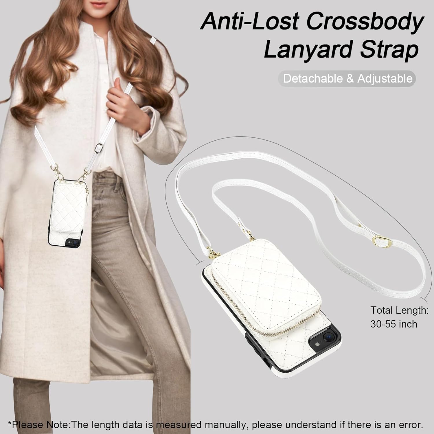 Bocasal Crossbody Wallet Case for iPhone SE 2022/SE 2020/8/7, RFID Blocking PU Leather Zipper Handbag Purse Flip Cover, Kickstand Folio Case with Card Slots Holder Wrist Strap Lanyard 4.7 Inch (White)