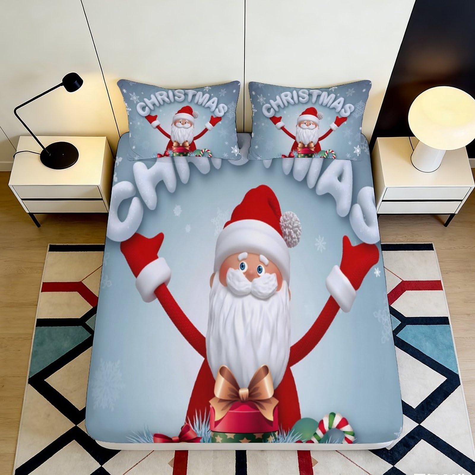 3D Printed Santa Claus Christmas Fitted Sheet Microfiber Anti-Slip Bed Cover for Bedroom Guest Room Easy Care 90x200x25cm