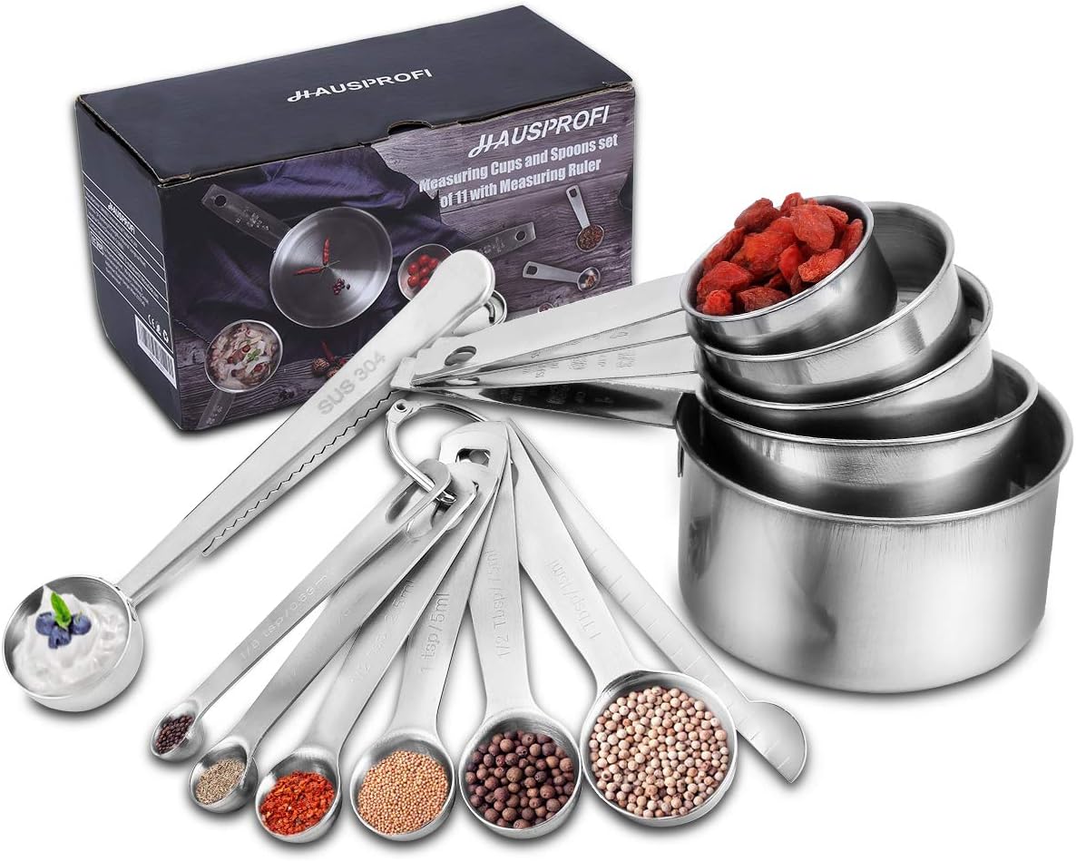 HAUSPROFI 13PCS Stainless Steel Measuring Cups And Spoons, Professional Portable Kitchen Measuring Combo Sets Stainless Steel Measuring Cups, One Spoon With Clip And Stainless Steel Measuring Rule