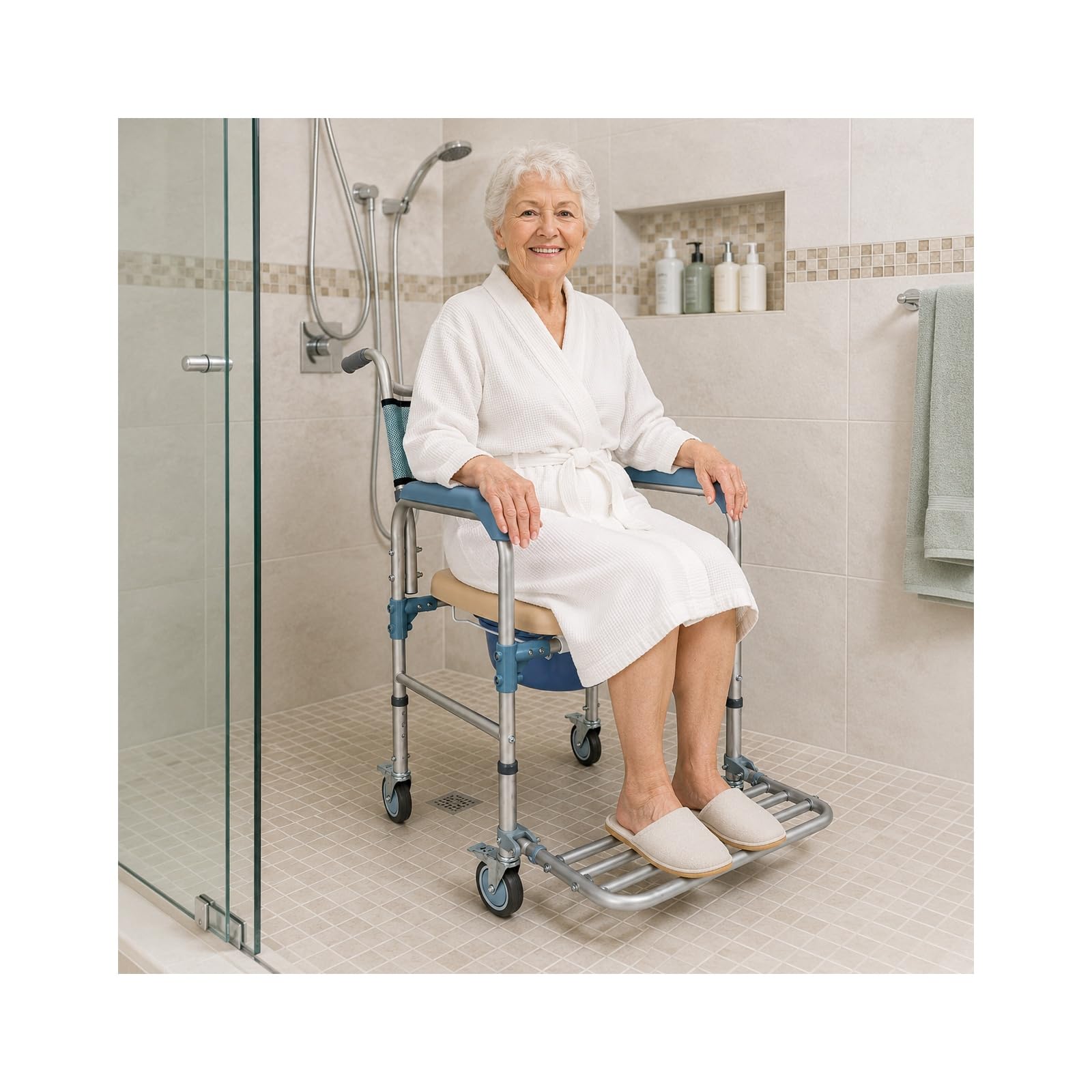 Silla 3 en 1 para Ducha, WC y Transferencias con Ruedas y Altura Regulable de 53-58 cm. Sillón Inodoro con Asiento Acolchado y Reposapiés Plegables para Personas con Movilidad Reducida y Ancianos.