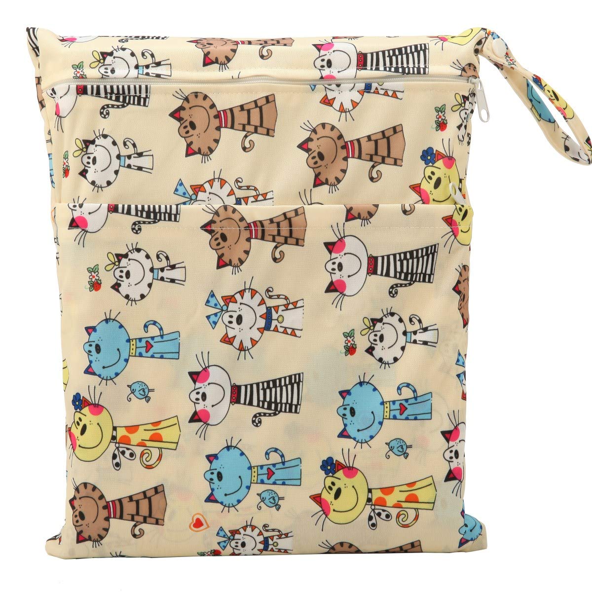 Sigzagor Medium Wet Dry Bag Baby Cloth Diaper Nappy Insert Bag Reusable Washable With Two Zippered Pockets (Cats)