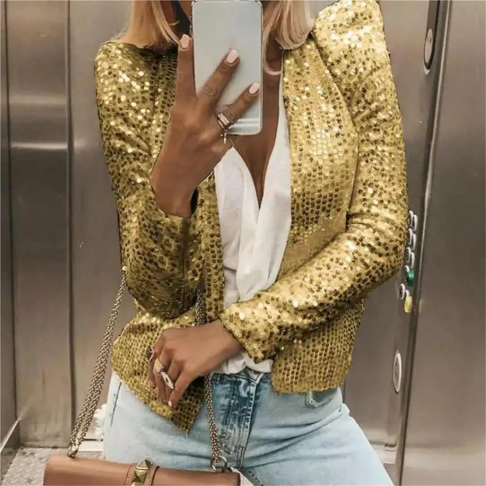 Paillettenjacke Damen Glänzende Stehkragen Kurzmantel Herbst Lady Sparkly Glitter Kurzblazer