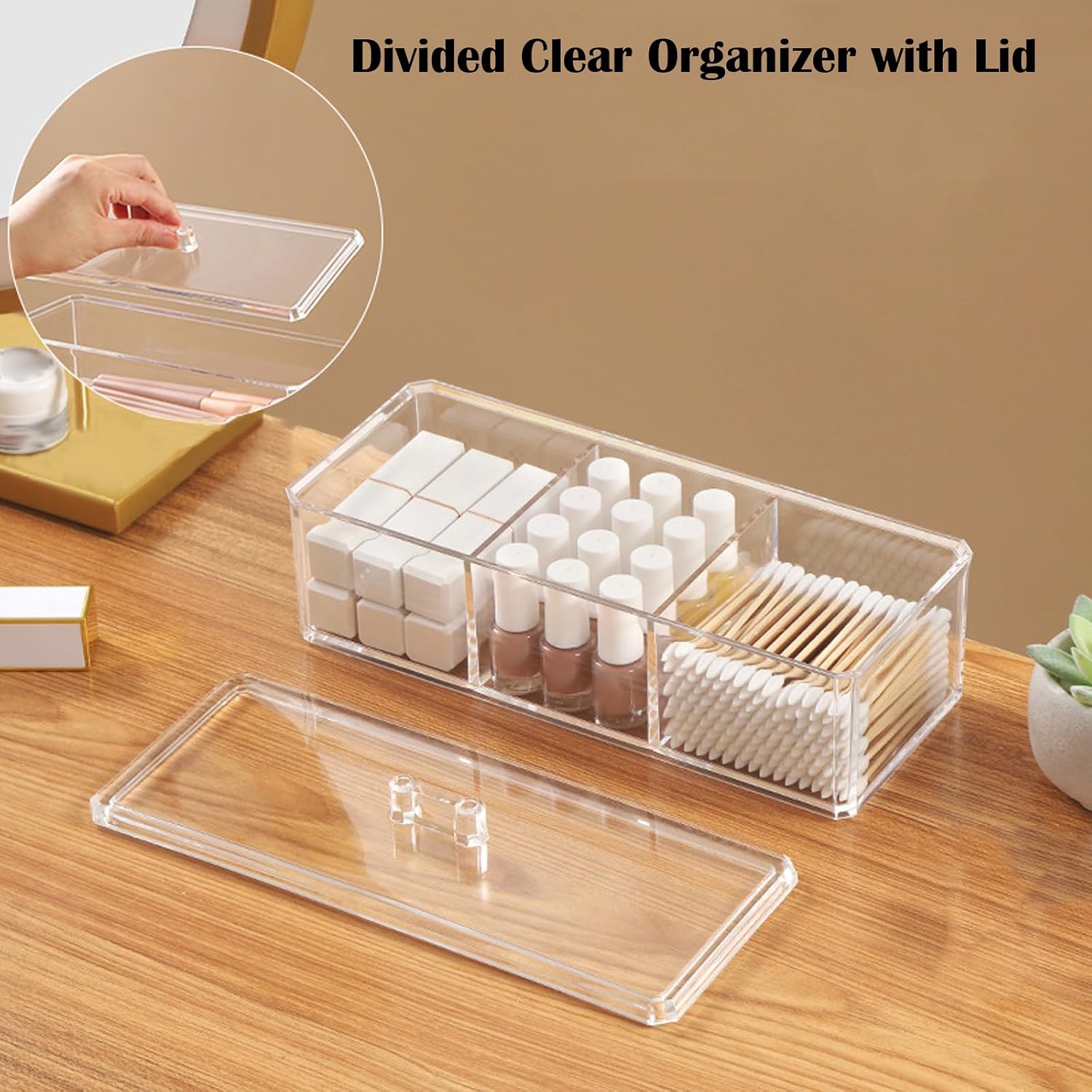 Qtip Holder Dispenser 3 Compartments Cotton Ball Swab Holder with Lid Clear Bathroom Dresser Organizer Tea Bag Holder Acrylic Organizer for Cotton Ball and Swab, Round Pads, Hair Accessories
