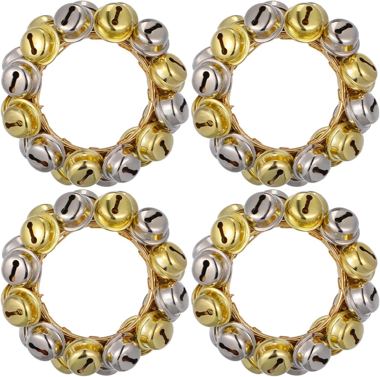 4pcs Christmas Bell Napkin Ring, Red and Green Jingle Bell Wreath Napkin Ring for Christmas Holiday Party Wedding Dinner Table Decor, Gold + Silver