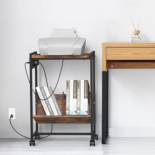 Miniatura 7 de Soporte para tocadiscos marrón con mesa auxiliar de almacenamiento de vinilo con estación de carga, carrito de impresora con ruedas junto al soporte