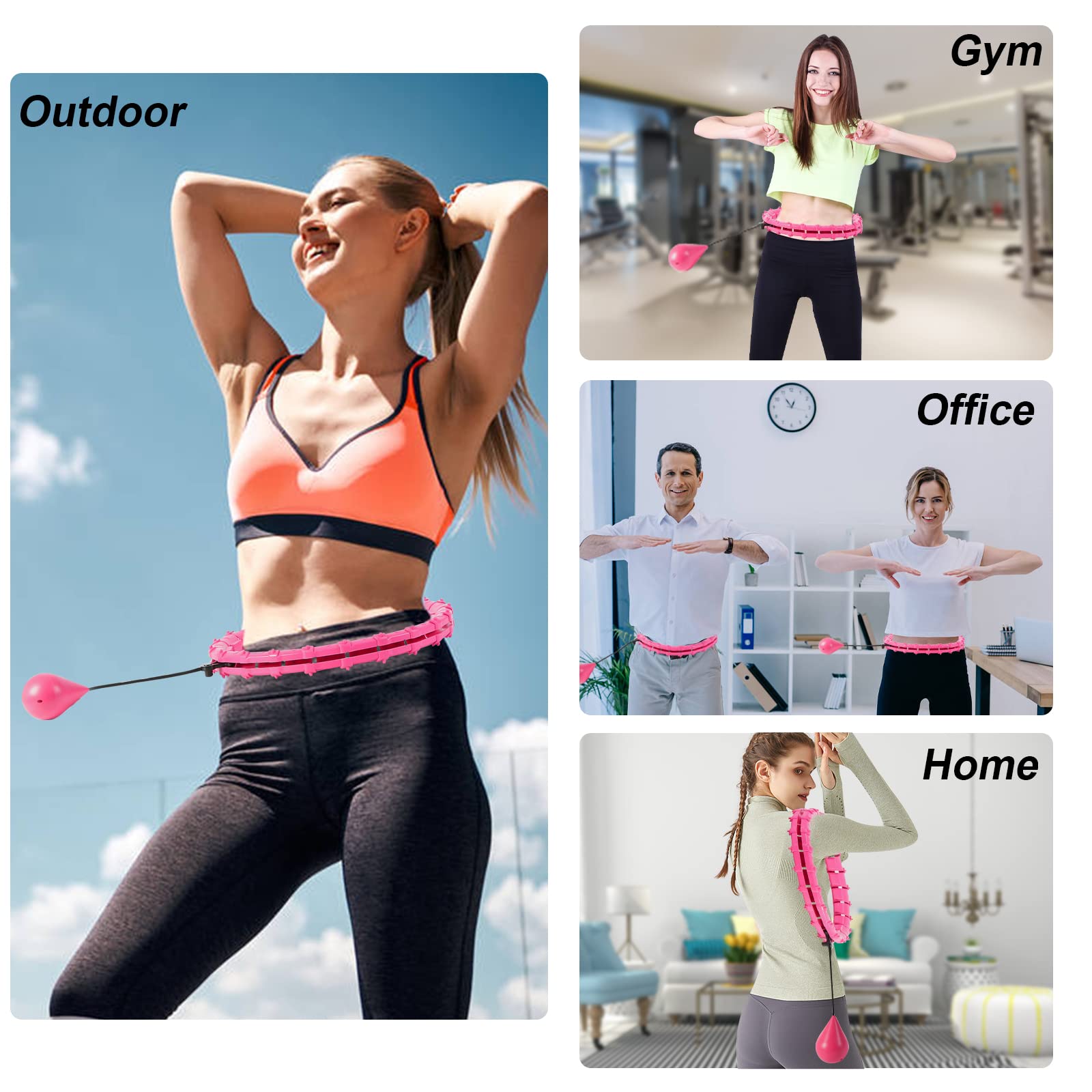 Smart Hula Hoop Reifen Erwachsene mit Gewicht Kugel,24Knoten abnehmbar/verstellbar Hullahub Reifen zum Abnehmen mit Ball Fällt nie ab Sportgeräte Fitness Zuhause-Rosa Geschenke für Frauen,XL