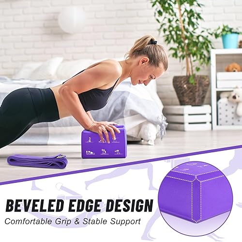 Miniatura 4 de RETON Juego de 2 bloques de yoga con correa, bloque de yoga rosa de alta densidad, bloques de espuma EVA ligeros, bloques de yoga, pilates, ladrillo
