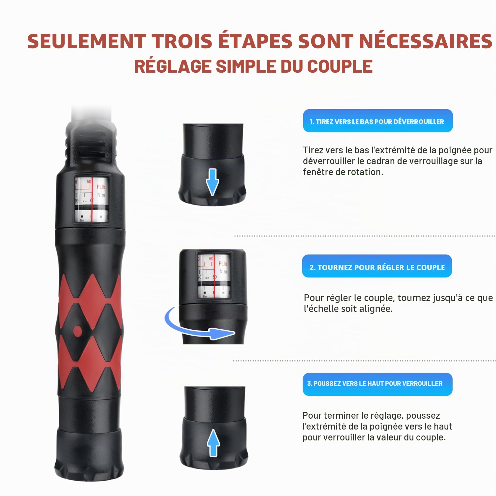 AEROFORCE Clé Dynamométrique 1/2" 60-330NM Précision ±3% 72 Dents Clé à Cliquet Réversible