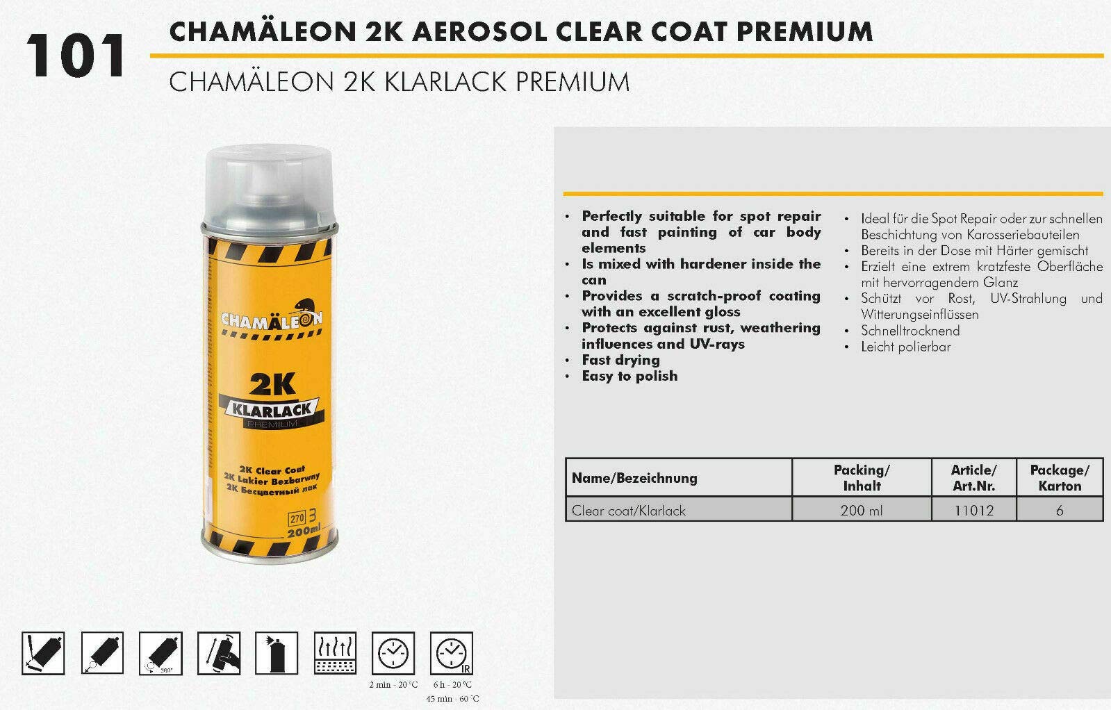 Chamäleon Klarlack Premium Fast 6 x 200ml Spray Sprühlack 2K HS Hochglänzend