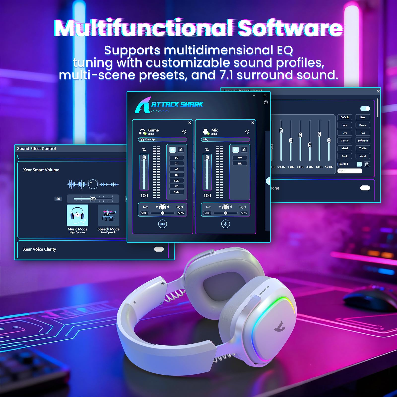 ATTACK SHARK G800 Casque Gaming sans Fil, Cadre Aluminium, 7.1 Surround, Mic ENC Flexible, Tri-Mode(2.4G/BT/3.5mm), 1000mAh, 50mm Pilote, RGB pour PC/Mac/PS/Xbox - Blanc