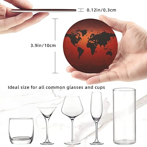 Miniatura 6 de Juego de 6 posavasos de mapa del mundo rojo y marrón para mesa de café, posavasos de cuero absorbente para bebidas con soporte para tazas, juego de