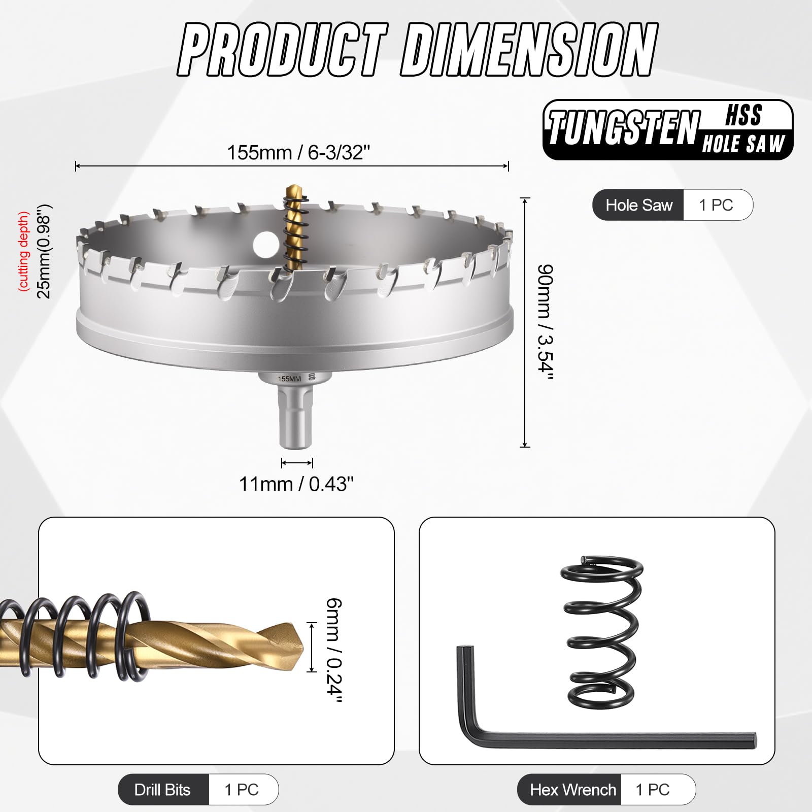 6-3/32"(155mm) Seghe Tazza Frese per Metallo, Taglierina Fori Lega Cementata Carburo Tungsteno - per Metallo, Legno, Lamiere in Acciaio Inossidabile, Rame, Alluminio, Argento