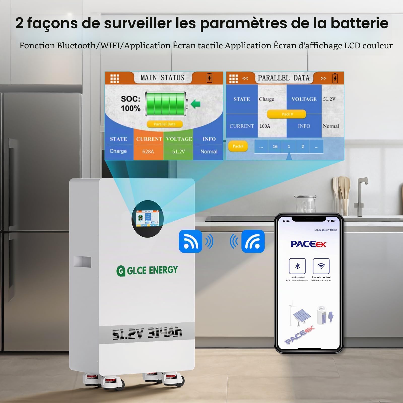 Batterie au Lithium LiFePO4 51,2V 314Ah - Écran LCD - BMS Intelligent Intégré 200A - Batterie 15,36kWh pour Camping-Car, Solaire et Stockage d’Énergie Domestique (Bluetooth/WiFi)