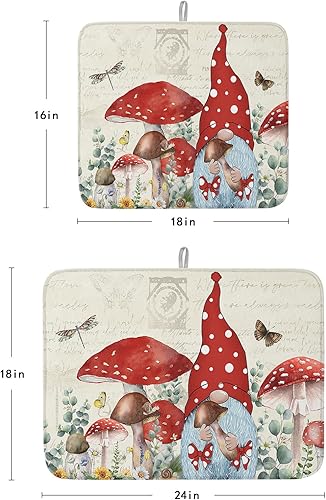 Miniatura 3 de Tapete de secado de platos de hongos para encimera de cocina, tapete de cocina de primavera con gnomos rojos, almohadilla de secado de microfibra,