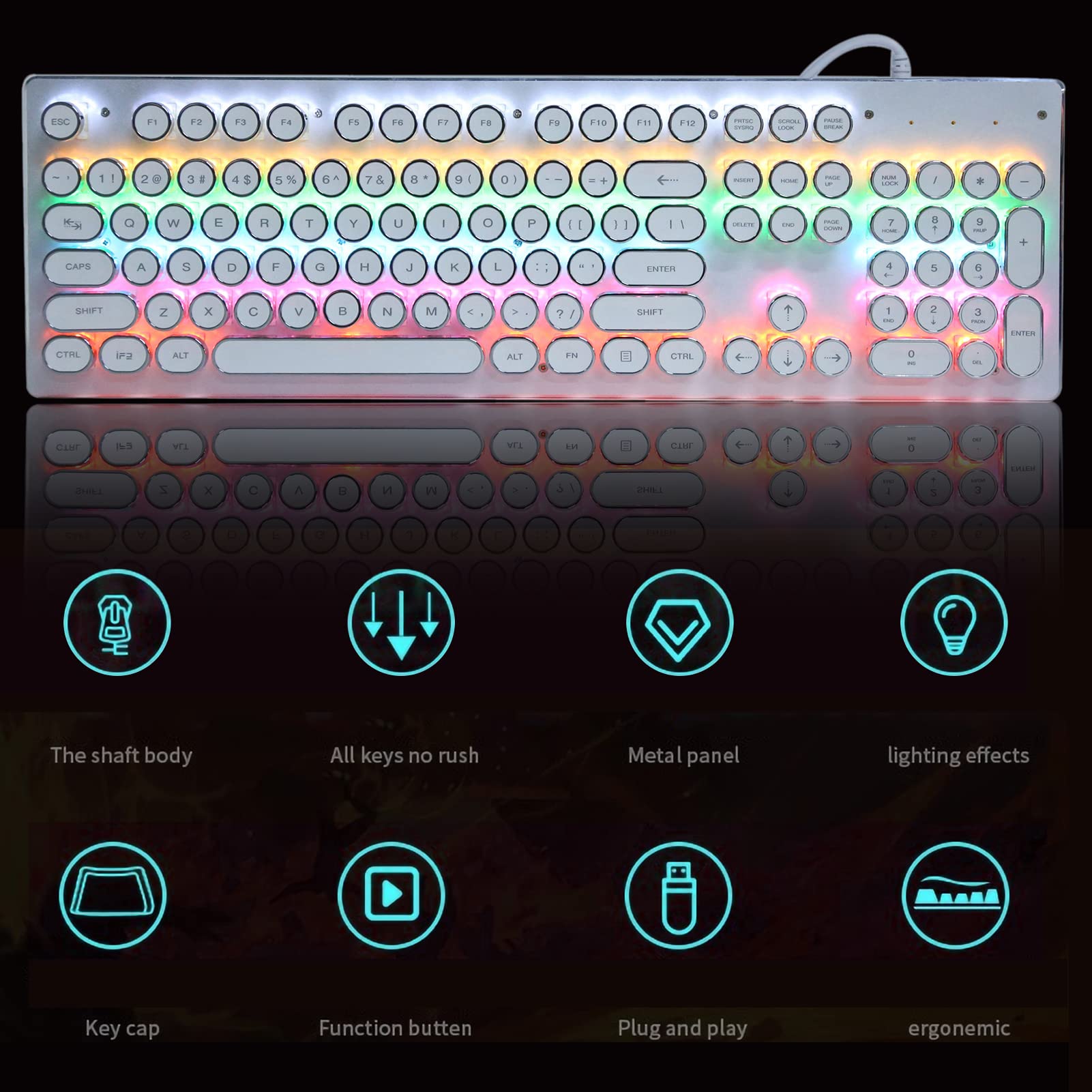 Przewodowa mechaniczna klawiatura do gier RGB, układ brytyjski, niebieski przełącznik Klasyczna mechaniczna klawiatura w stylu Punk Retro do komputera PC (biała, 104 klawisze)