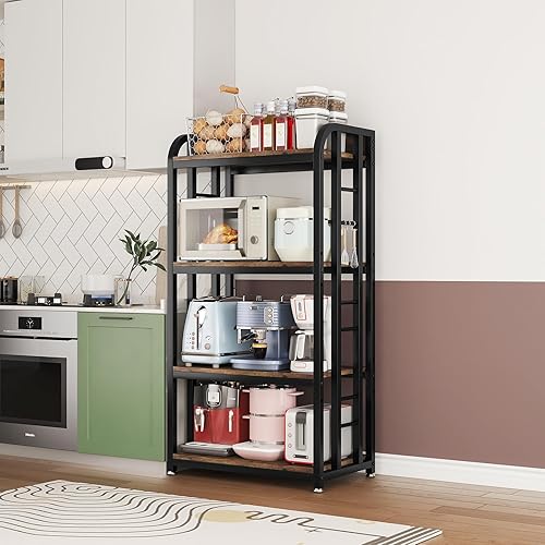 Miniatura 7 de jarrvz Soporte para microondas de 4 niveles, estantes grandes para cocinas, estante de altura ajustable, barra de café para sala de estar, marrón