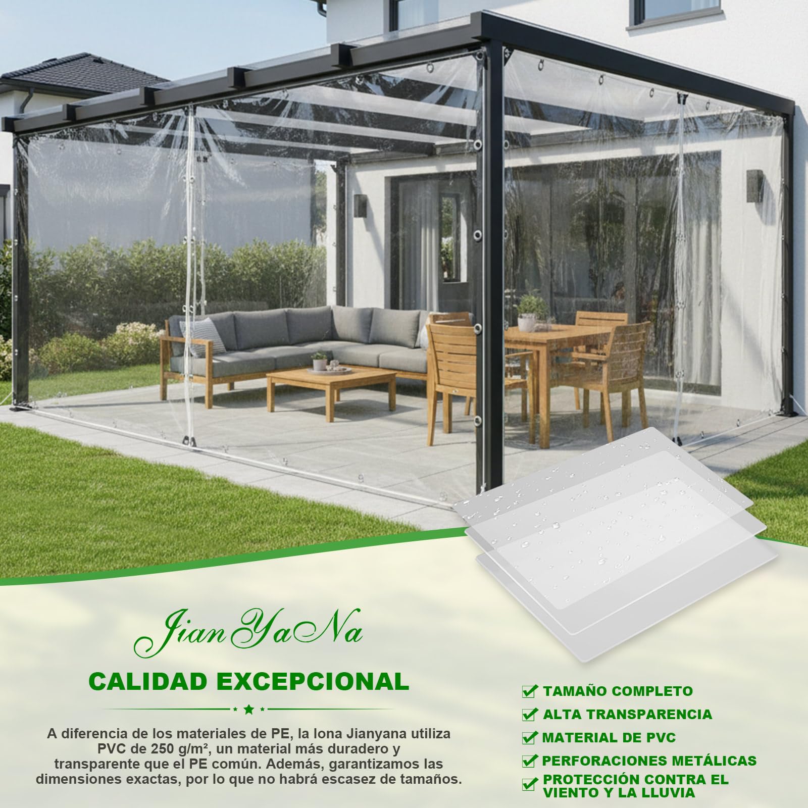 Jianyana Lona Transparente Impermeable 2×2.5m, 250 g/m² PVC Lonas Impermeables Exterior Transparente toldo Transparente Exterior con Lacci Di Fissaggio, Ancoraggio
