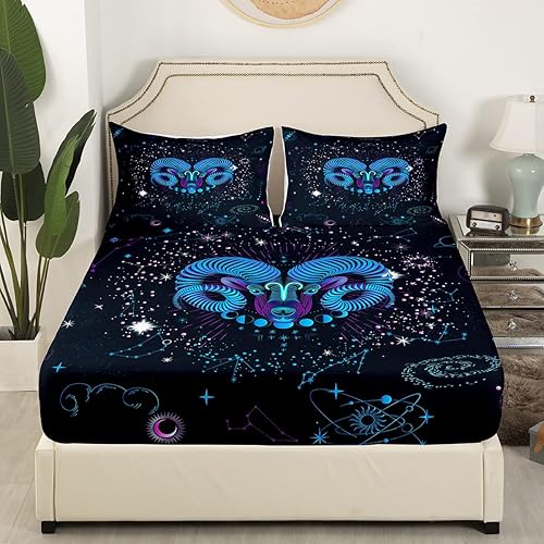 Vista 55 de Erosebridal Aries - Sábana bajera ajustable tamaño matrimonial, sábanas psicodélicas celestiales, sábanas de galaxia trippy de doce constelaciones