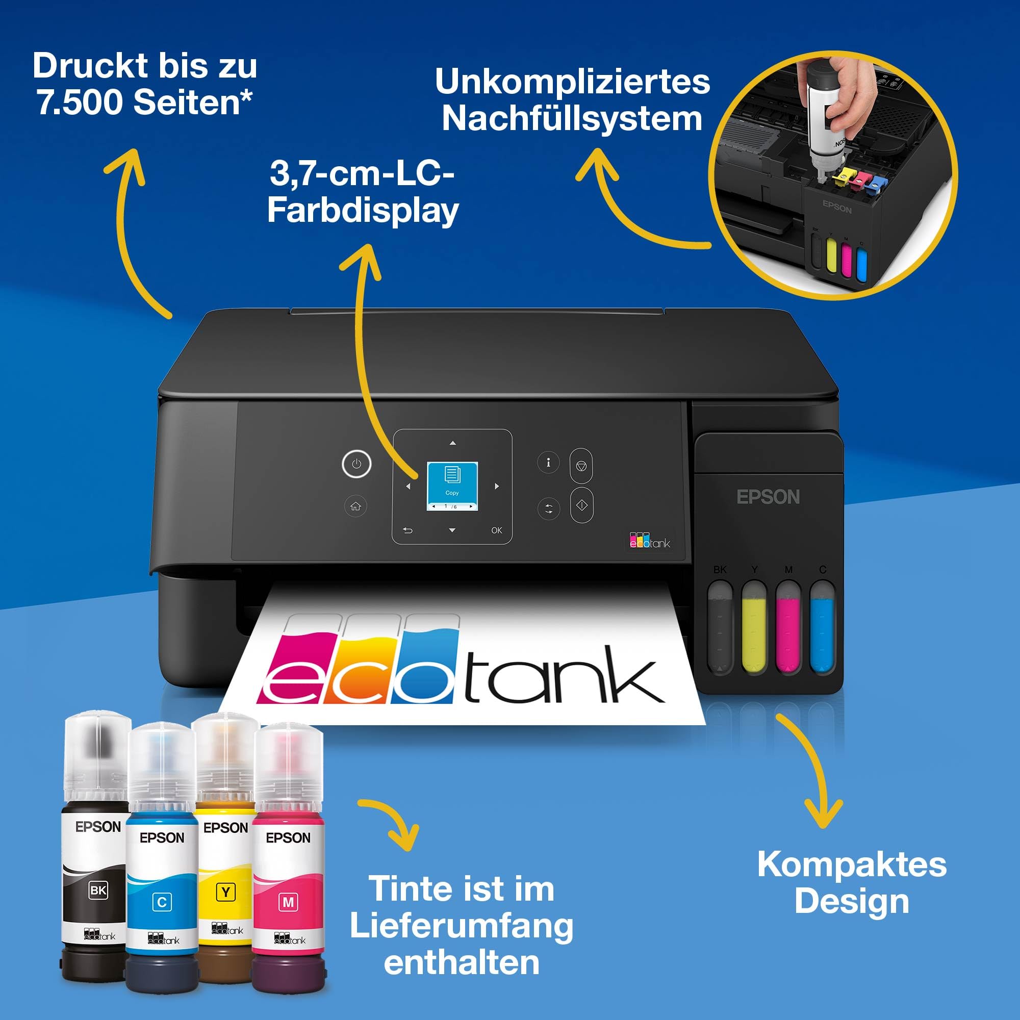 Epson EcoTank ET-2922 | Für vielbeschäftigte Haushalte | Wi-Fi | A4 | Drucken, Kopieren, Scannen | LC-Display | AirPrint-kompatibel | Kompakt | Enthält bis zu 3 Jahre Tinte