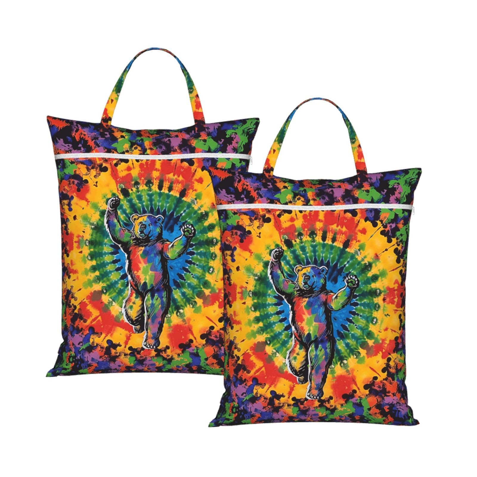 Large Travel Laundry Bags,Bear Dancing Tie Dye Print with Handle Foldable Laundry Bag for Holidays Gym Swimming and Family Trips, 2Pcs
