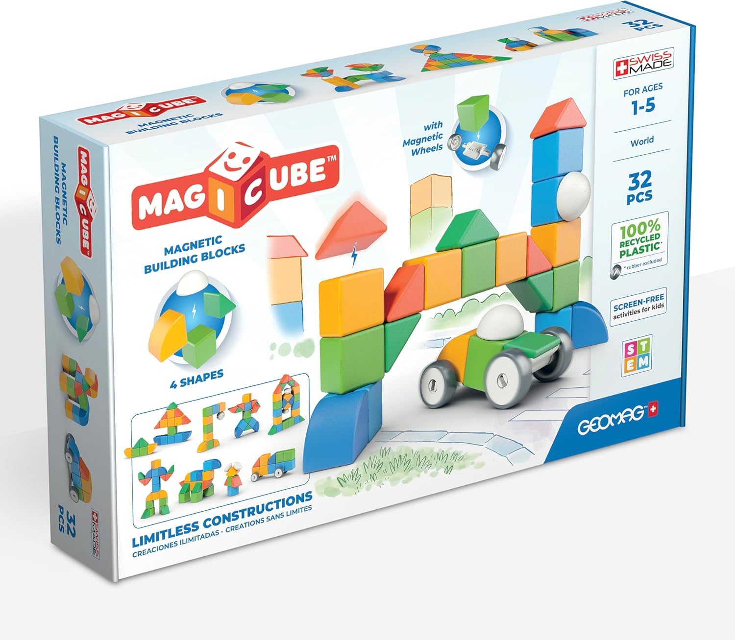 Geomag - Magicube 1+ Shapes - Magiczne Kostki Magnetyczne dla Dzieci, 4 Kolory i Kształty, 32 Bloki, Gra Edukacyjna, 100% Plastiku z Recyklingu
