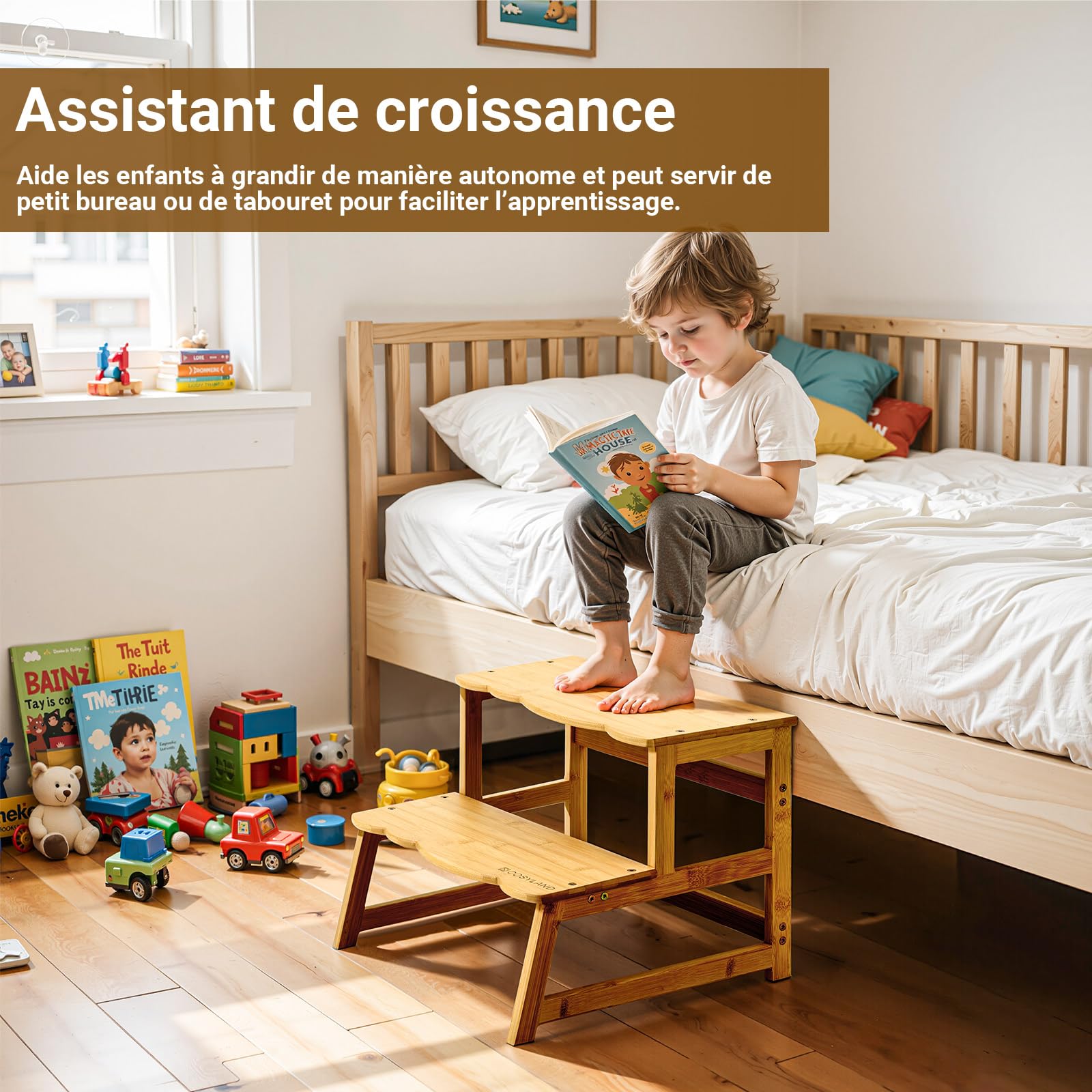 COSYLAND Tour d’Observation Montessori pour Enfant – Chaise d’Apprentissage Bébé Sécurisée, Tabouret en Forme Nuage Antidérapant pour Salle de Bain, Toilettes et Chambre – Natural