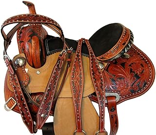 Deen, Enterprises Ataque de cuero de primera calidad para caballos, caballos, cabeza de cuero a juego, collar de pecho, riendas, tamaño de asiento de 35,5 a 45,7 cm disponible (asiento de 38,1 cm)