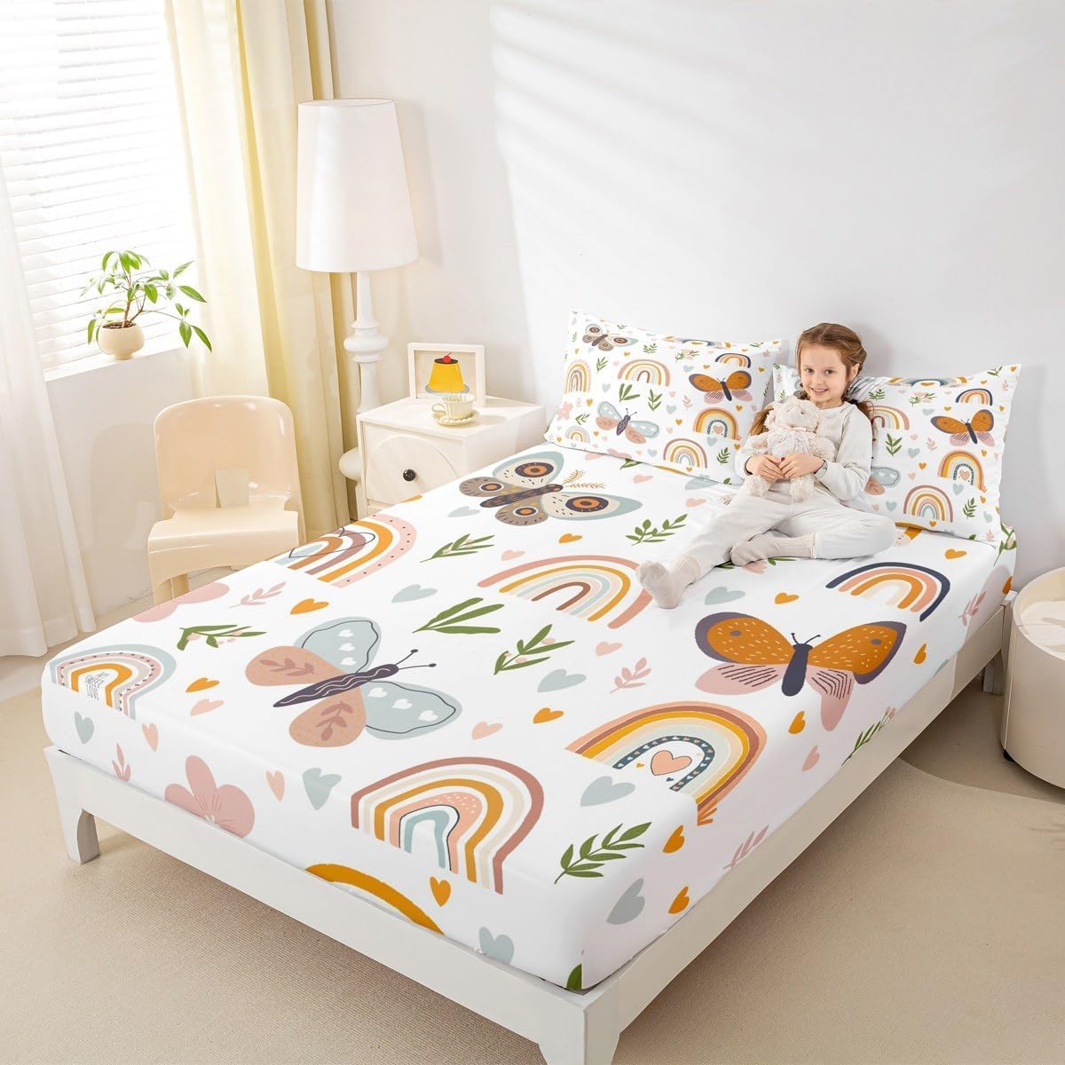 Boho Rainbow Bed Deep Pockets Double Size,Cute Butterfly Fitted Sheet for Kids Adults Bedroom Decor,Cartoon Love Heart Palm Leaves Animals Botanical Bed Cover 3pcs,2 Pillowcases,No Top Sheet