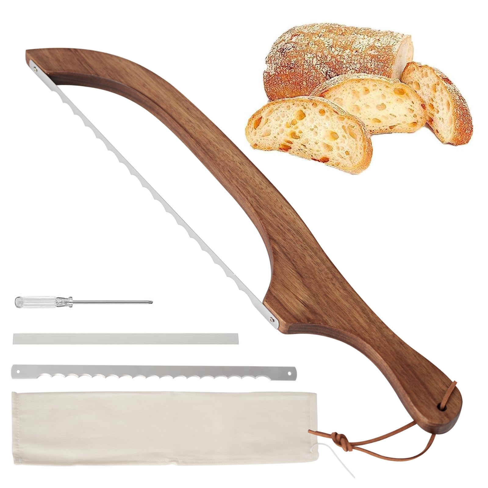 Zymuegist Bread Bow Cutter, 40cm Bread Bow Saw Knife with Replacement Blades, Bread Knife for Homemade Bread, Sourdough Bagel Baguettes Cake Fruit (Brown)