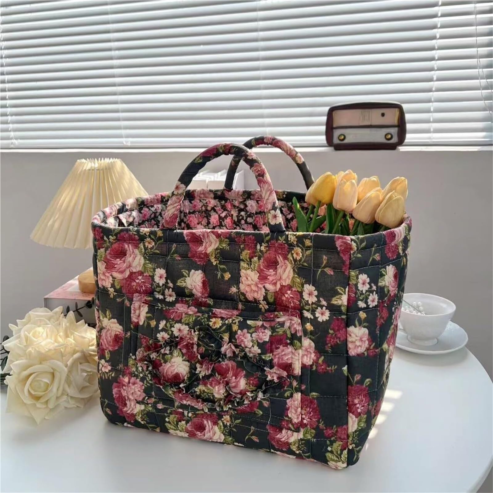 SYT-MD Boho-Chic Quilted Floral Storage Basket, Large Capacity Collapsible Laundry Hamper, for Clothes, Toys & Home Essentials(#07)