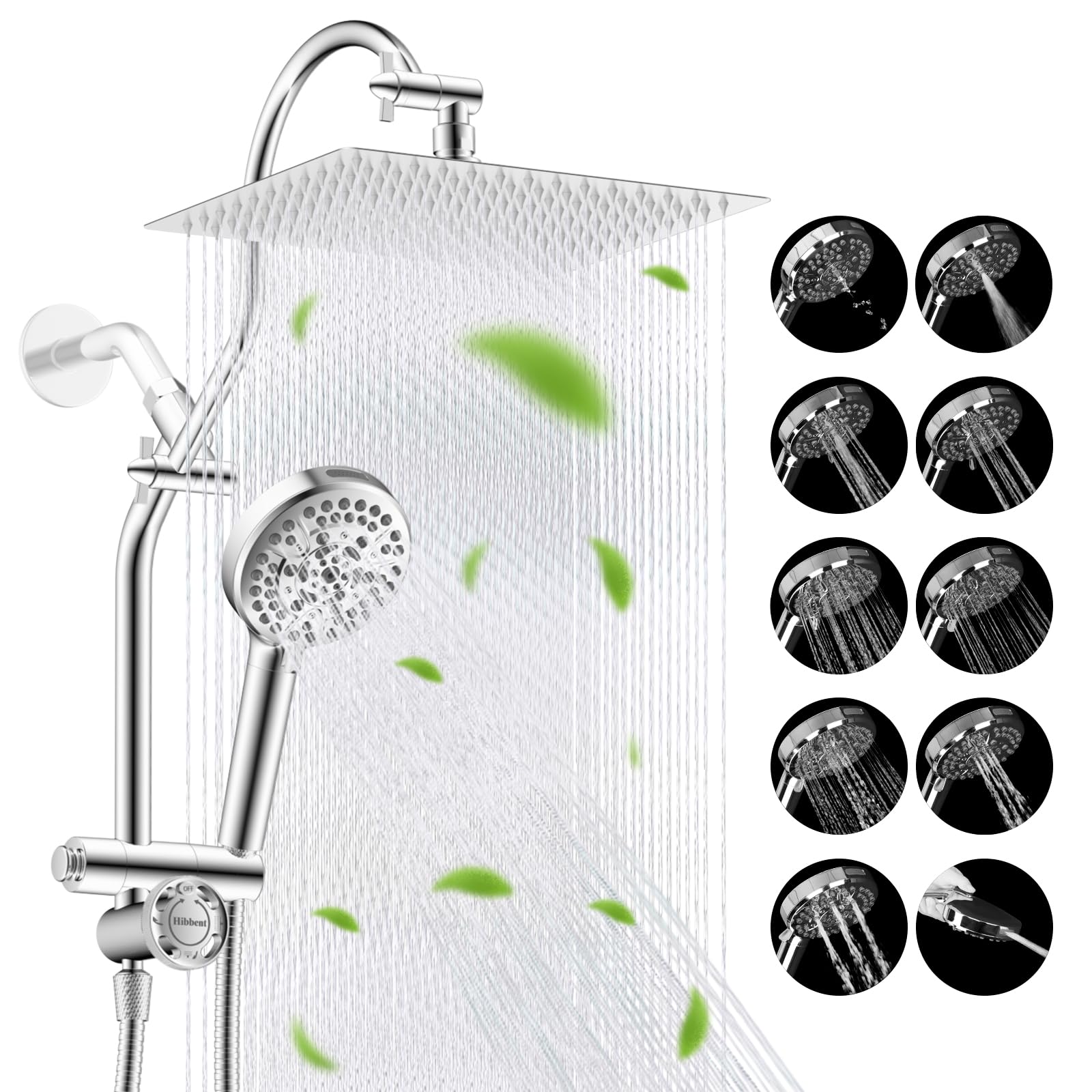 Hibbent High Pressue All Metal 12" Rainfall Shower Head, Handheld 10-Spray