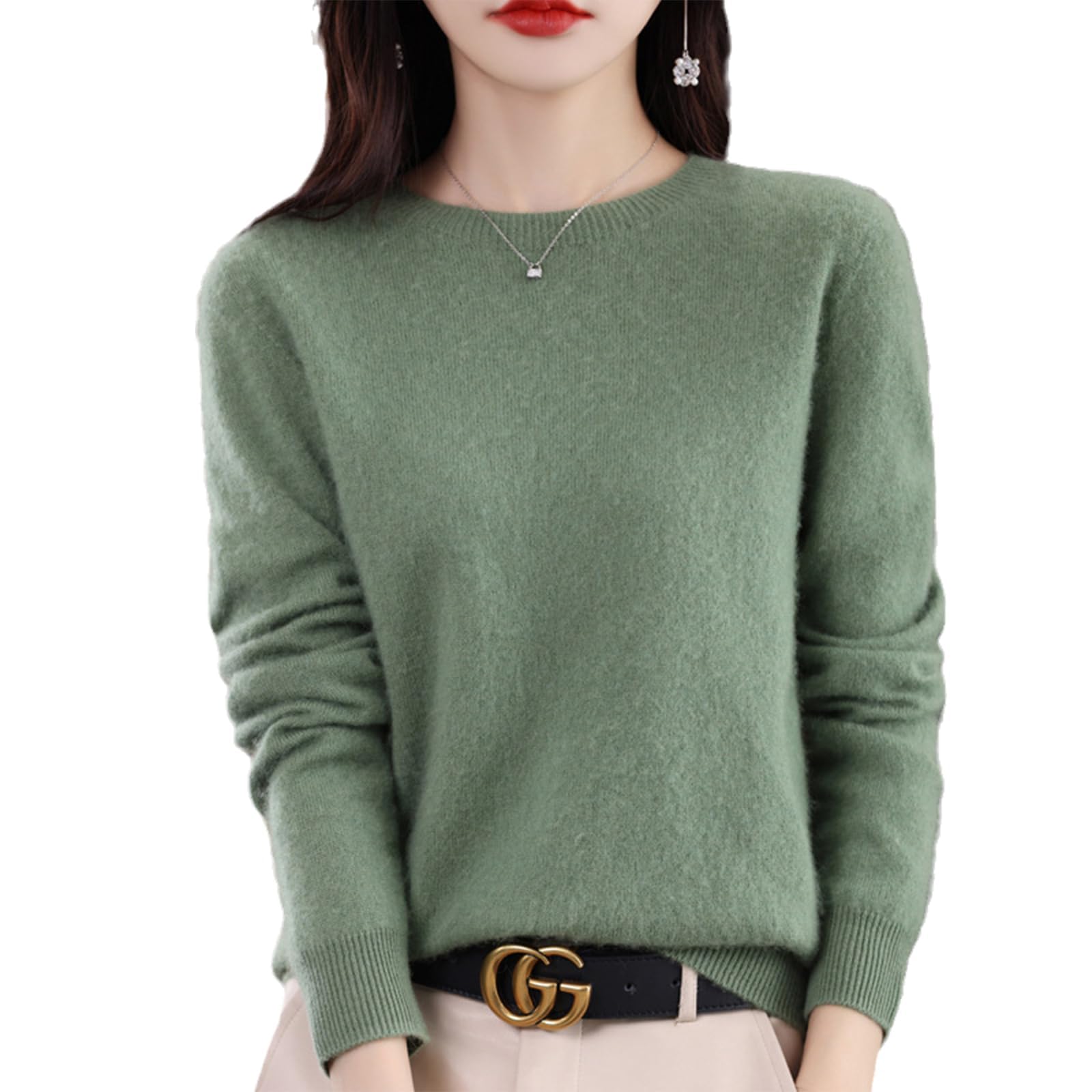 Suéteres de Cachemira para Mujer, jerséis de Cachemira, suéter de Lana Merino para Mujer, suéter de Punto Ligero (Verde Oscuro,M)