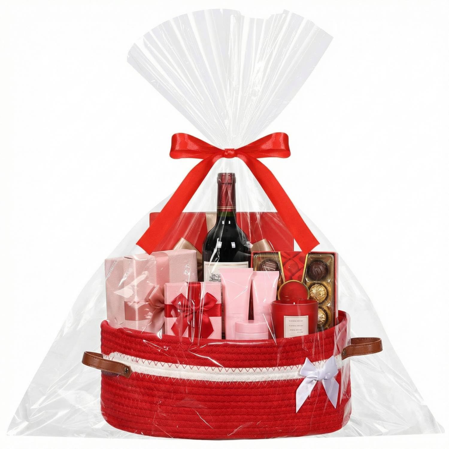 Colingmill Gift Basket with Cellophane Wrap Set with Handles Ribbons Gift Baskets Empty Large Storage 14"x 10"x 5.5" Empty Decorative Chest Box for Presents Wedding Baby Shower(Red)-image-40