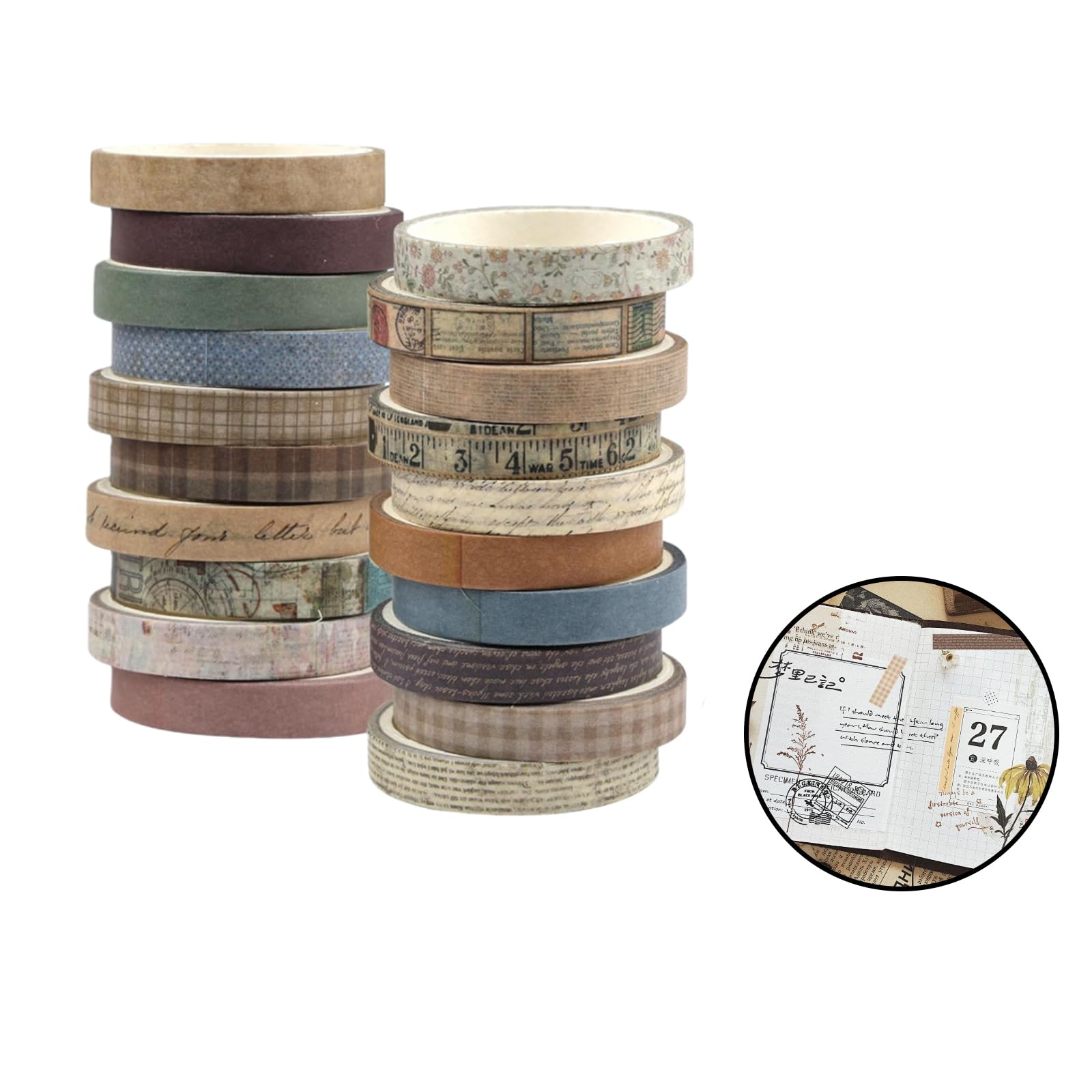 20 PCS Vintage Washi Tape, Antique Patterns Masking Tape 7mm Wide Retro Arts Decorative Selfadhesive Multi-pattern Scrapbook Stickers for Gift Wrapping DIY Crafts Art Scrapbooking Supplies Bullet Jour
