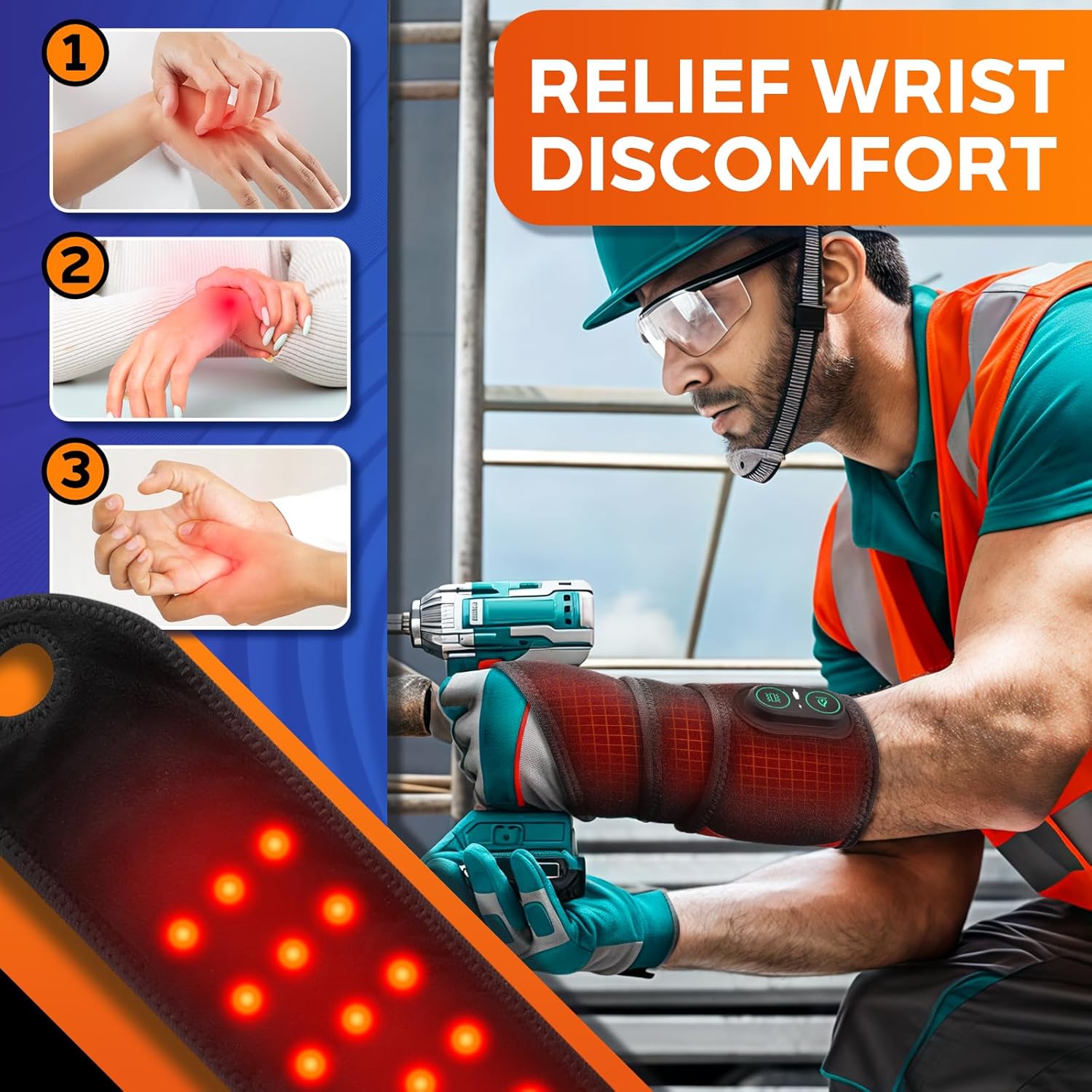 Cordless Wrist Heating Pad for Pain Relief, FSA Eligible Items, Rechargeable Wrist Massager for Carpal Tunnel, Red Light Heated Wrist Brace Wrap, HSA Approved Products Only - Image 3