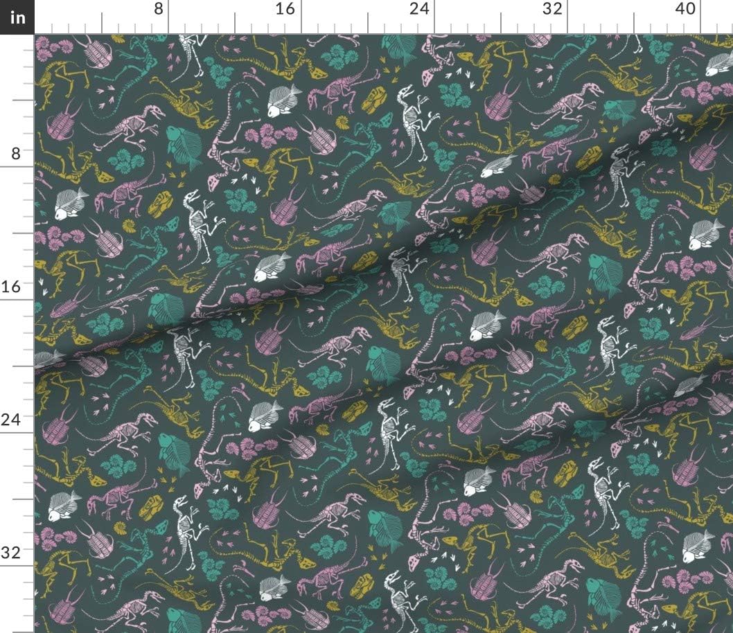 Spoonflower Fabric - Dinosaurs Shells Bones Skeleton Princess Teal Mustard Pink Green Printed on Petal Signature Cotton Fabric by The Yard - Sewing Quilting Apparel Crafts Decor