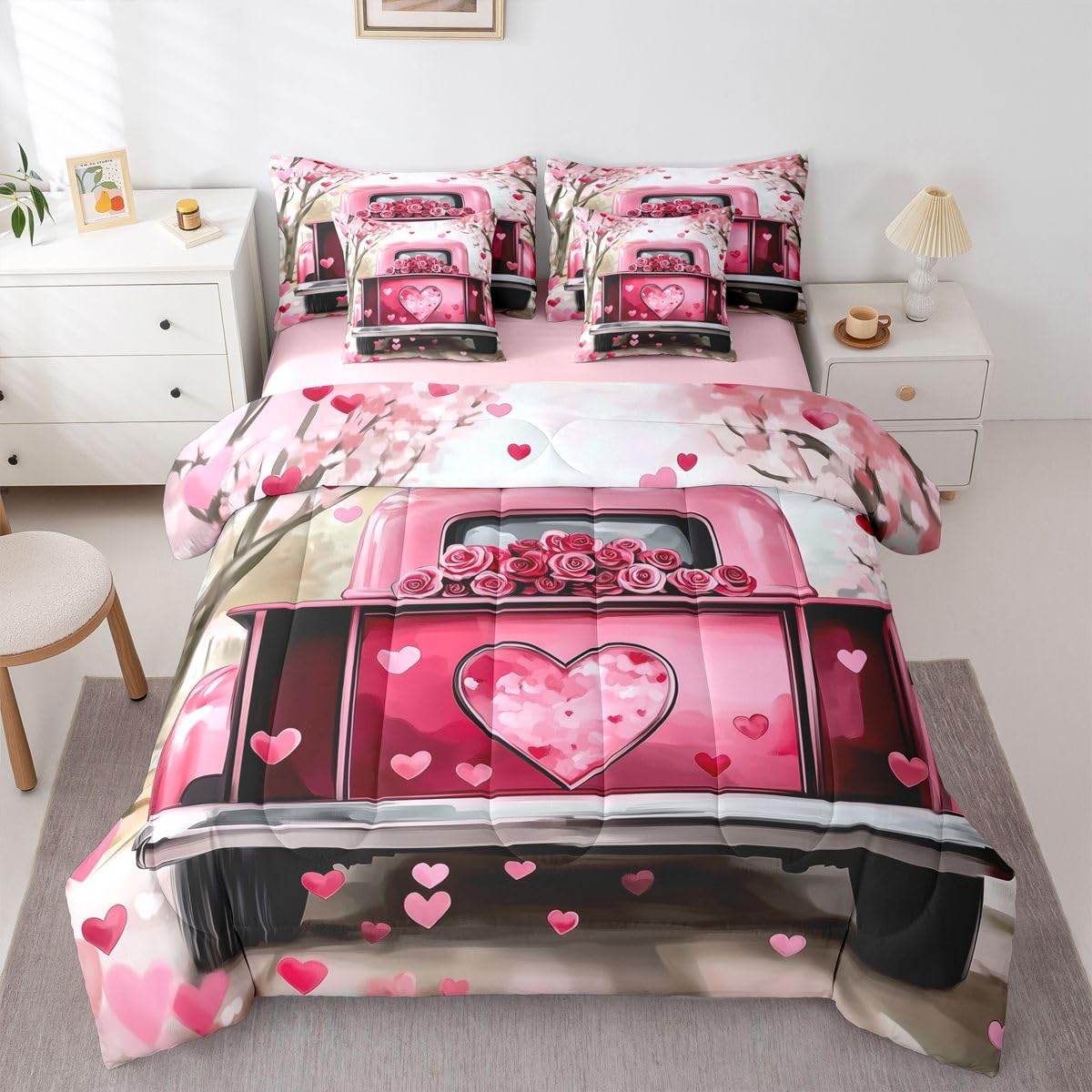 Castle Fairy Valentine Truck Comforter Set Full Size 7 Pcs,Pink Rose Hearts Bedding Set for Woman Girls Teens Bedroom Decor,Romantic Hearts Trees Bed in a Bag with Comforter,Sheets and Pillow Cases