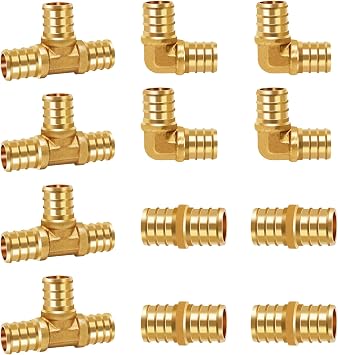 PEX Fittings 3/4 Inch, Brass Tee, 90 Elbow & Coupling, 12 Pcs | Three connection types in one 12-piece set; PEX crimp fittings for joining, turning or branching 3/4-inch tubing lines