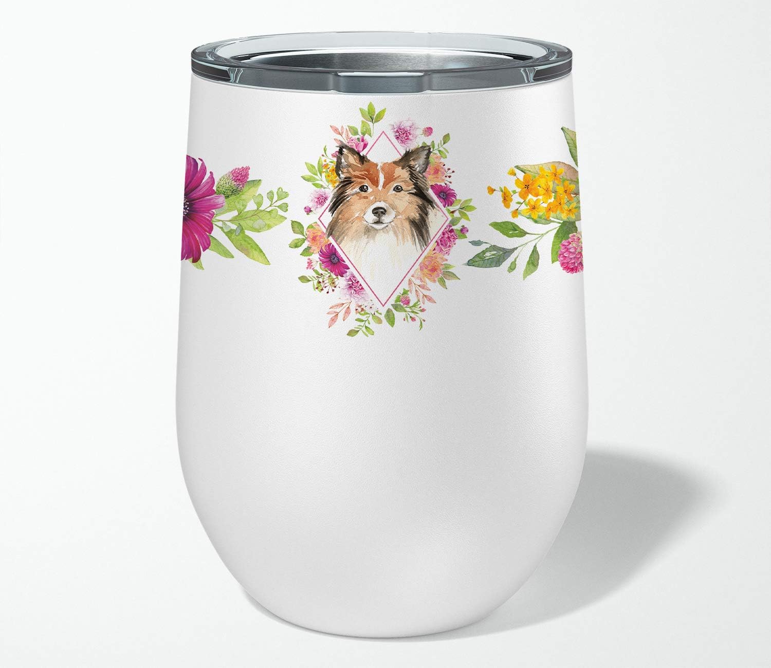 Caroline's Treasures CK4213TBL12 Sheltie Pink Flowers Stainless Steel 12 oz Stemless Wine Glass Insulated Wine Tumbler with Lid, Cute Travel Cup for Coffee, Cocktails, Gift Women, Mother