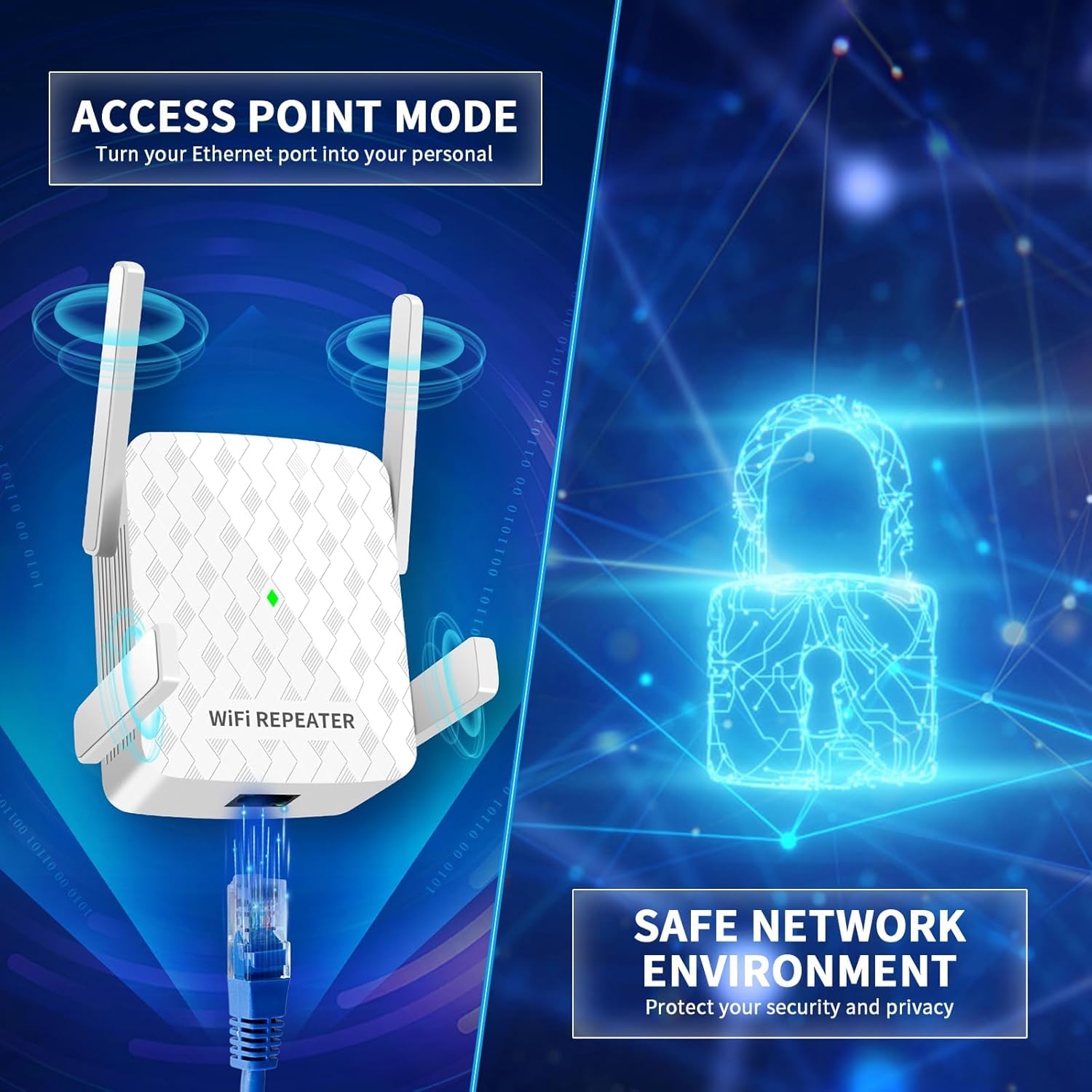 Amplificateur WiFi ultraxtended 1200 Mbps, répéteur WiFi double bande 5 GHz et 2,4 GHz – avec port Ethernet, 4 antennes, configuration rapide, amplificateur de signal sans fil domestique