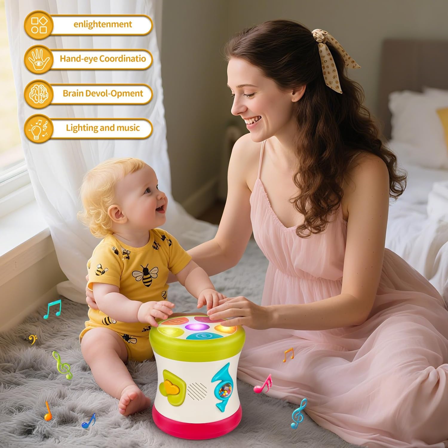 5 in 1 Baby Toy 0-6 Months Musical Early Learning Toy Drum for 1 Year Old with Light Toddler Sensory Toy for 1 2 Year Old Boy Girl Gifts