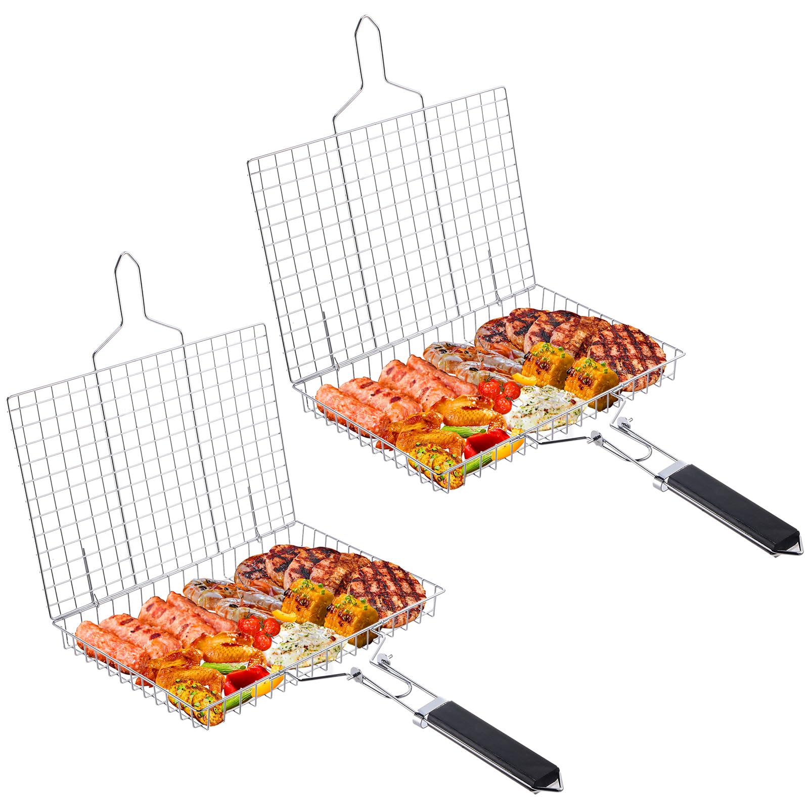 Yungyan 2 Pcs Grill Basket for Outdoor Fish BBQ Grill Basket with Handle Stainless Steel Portable Rack for Vegetables Shrimp Steak Cooking Accessories Gift(Rectangular)
