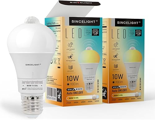 SINCELIGHT Bombilla LED con sensor de movimiento 9 W E26, PIR activada por movimiento en la oscuridad, encendidoapagado automáticamente por sensores