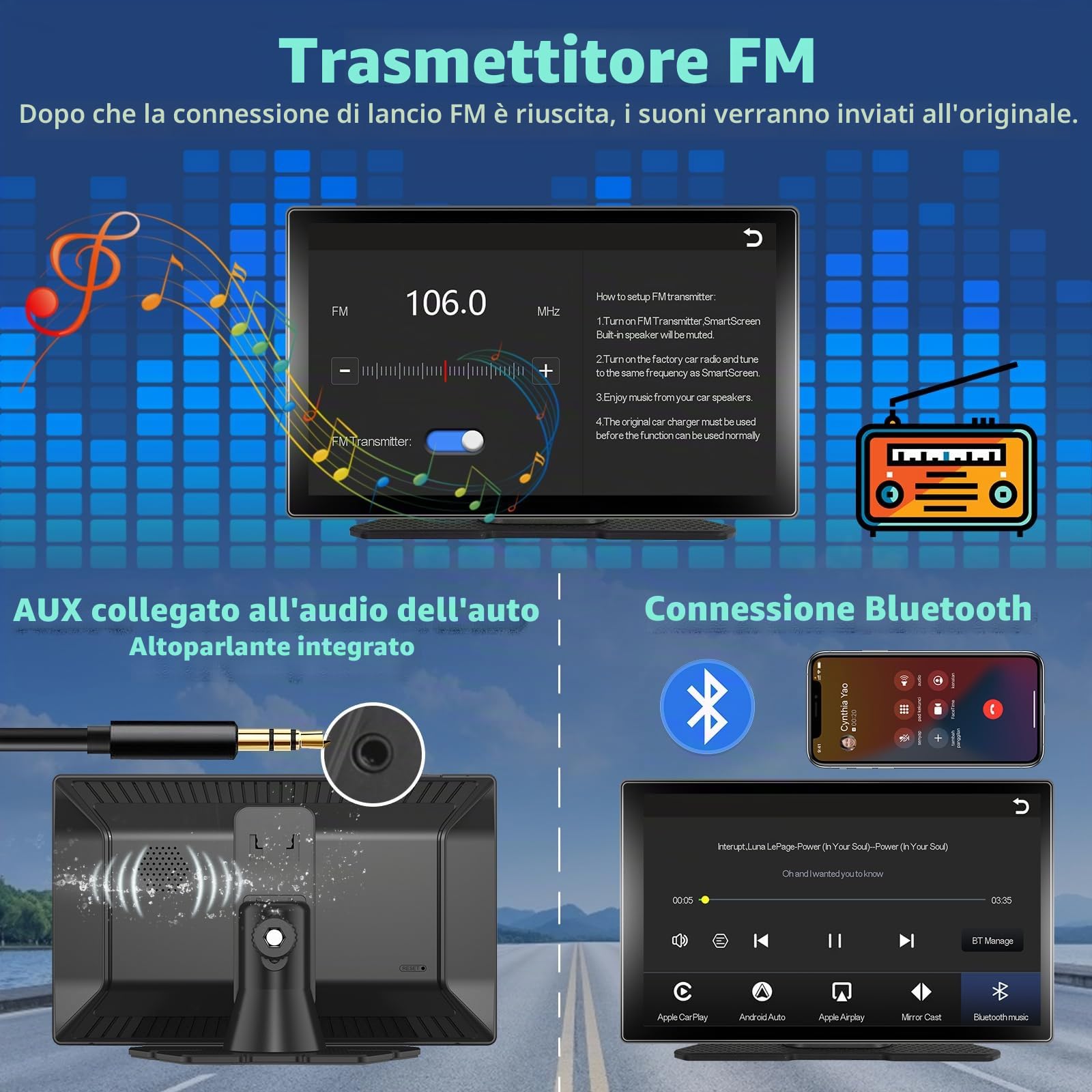 Autoradio Portatile con Touchscreen IPS da 9" di Grandi dimensioni con A-pple Carplay e Android Auto, Podofo Carplay con Trasmettitore Bluetooth/FM per Auto/SUV/Furgoni/Pick-up e Camion, 7V-32V