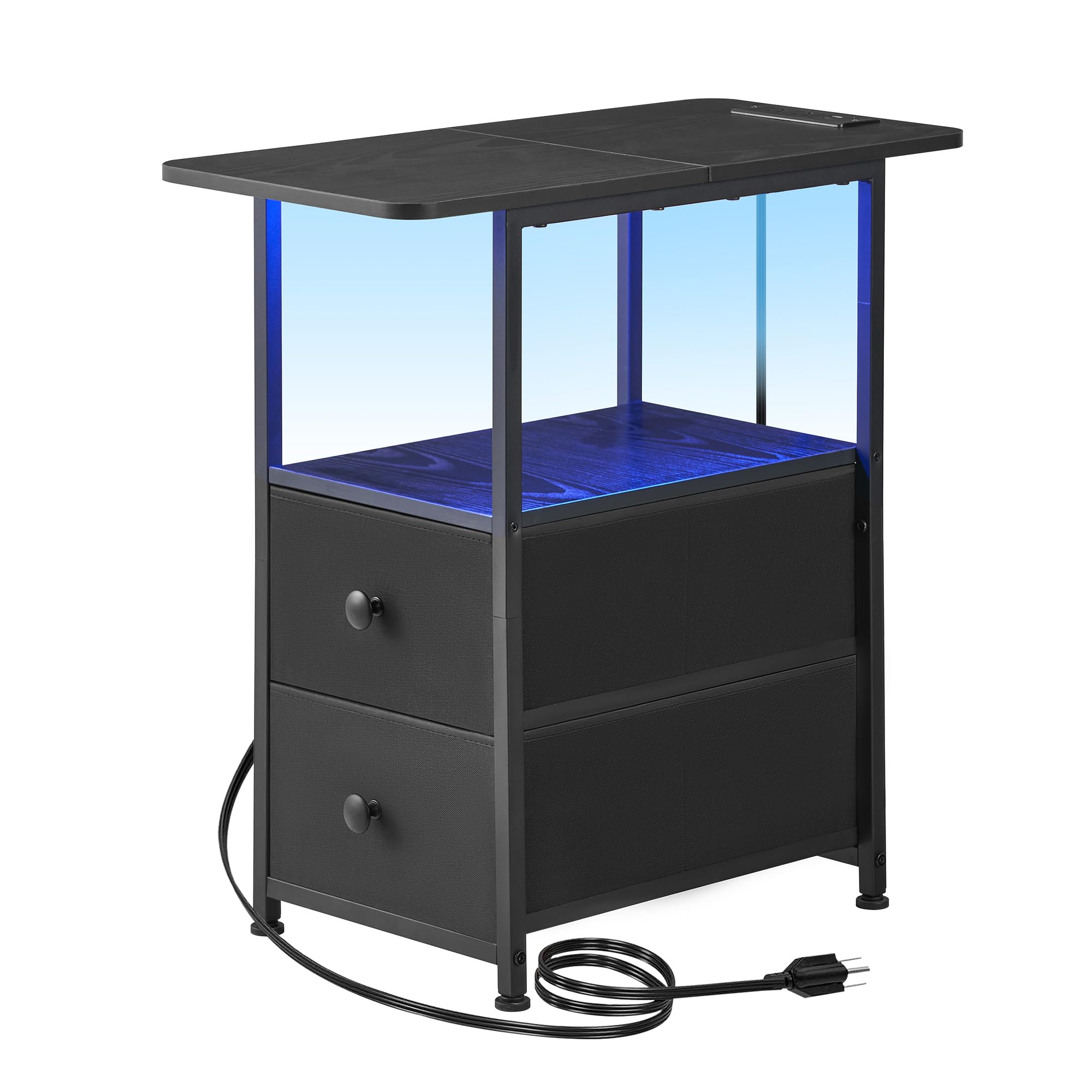 DALEMHOME Narrow End Table with Charging Station, Narrow Side Table with 2 Fabric Drawers, Slim Nightstand with LED Light, Small Bedside Table with