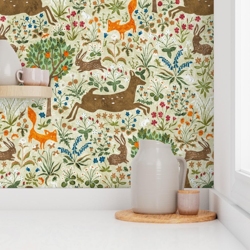 Spoonflower Peel & Stick Wallpaper 3ft x 2ft - Animals Forest Fox Rabbit Hare Lizard Custom Removable Wallpaper