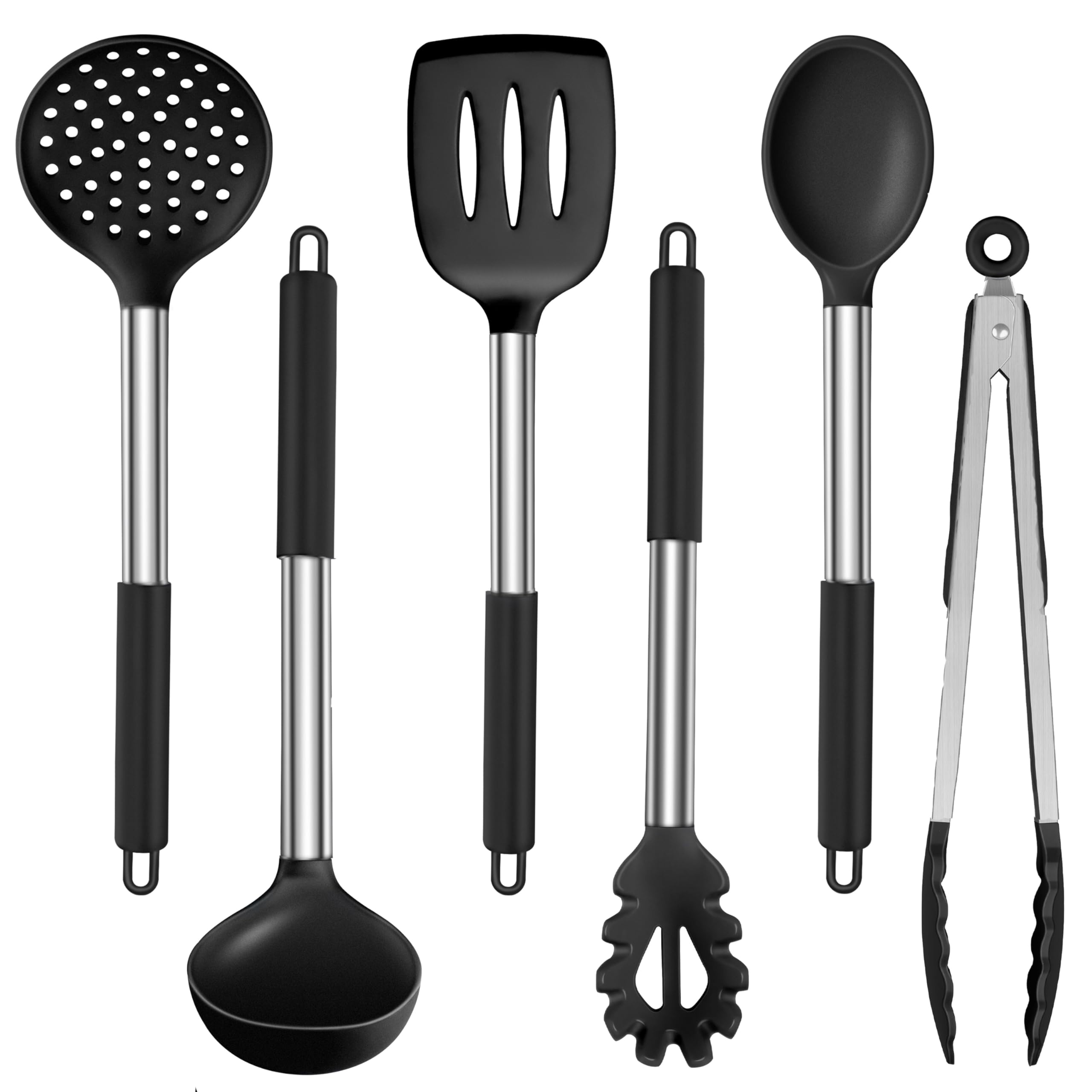 LIANYU Kitchen Utensils Set of 6, Silicone Cooking Utensils Set for Nonstick Cookware, Heat Resistant Kitchen Spatula Gadgets Tools, Stainless Steel Handle, Black